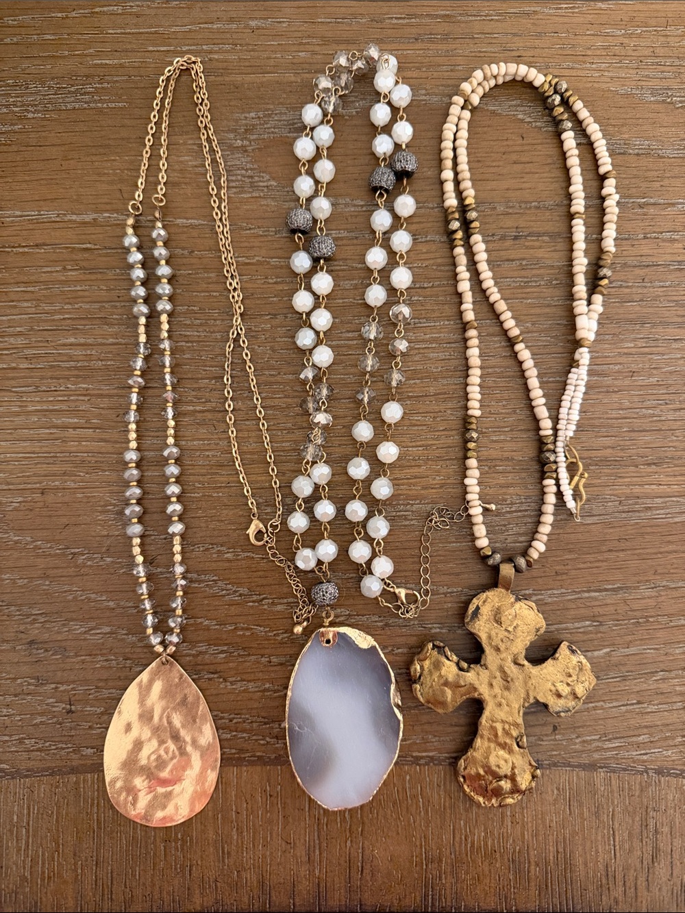 3 Gold-Tone / gray / white Beaded Pendant Necklace - White & Natural Beads